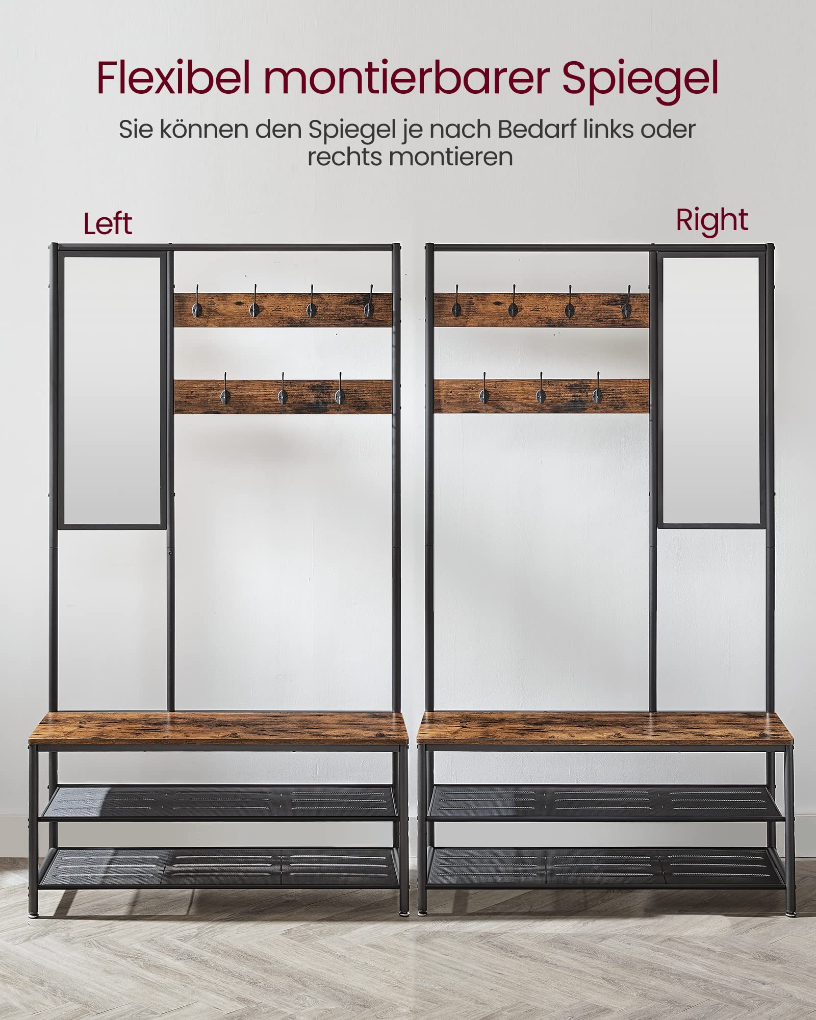 VASAGLE Kleiderständer, Garderobe, Garderobenständer mit Haken, Spiegel, Sitzbank, 35 x 98 x 180 cm, für Eingangsbereich, Schlafzimmer, Wohnzimmer, Industrie-Design, vintagebraun- schwarz HSR415B01