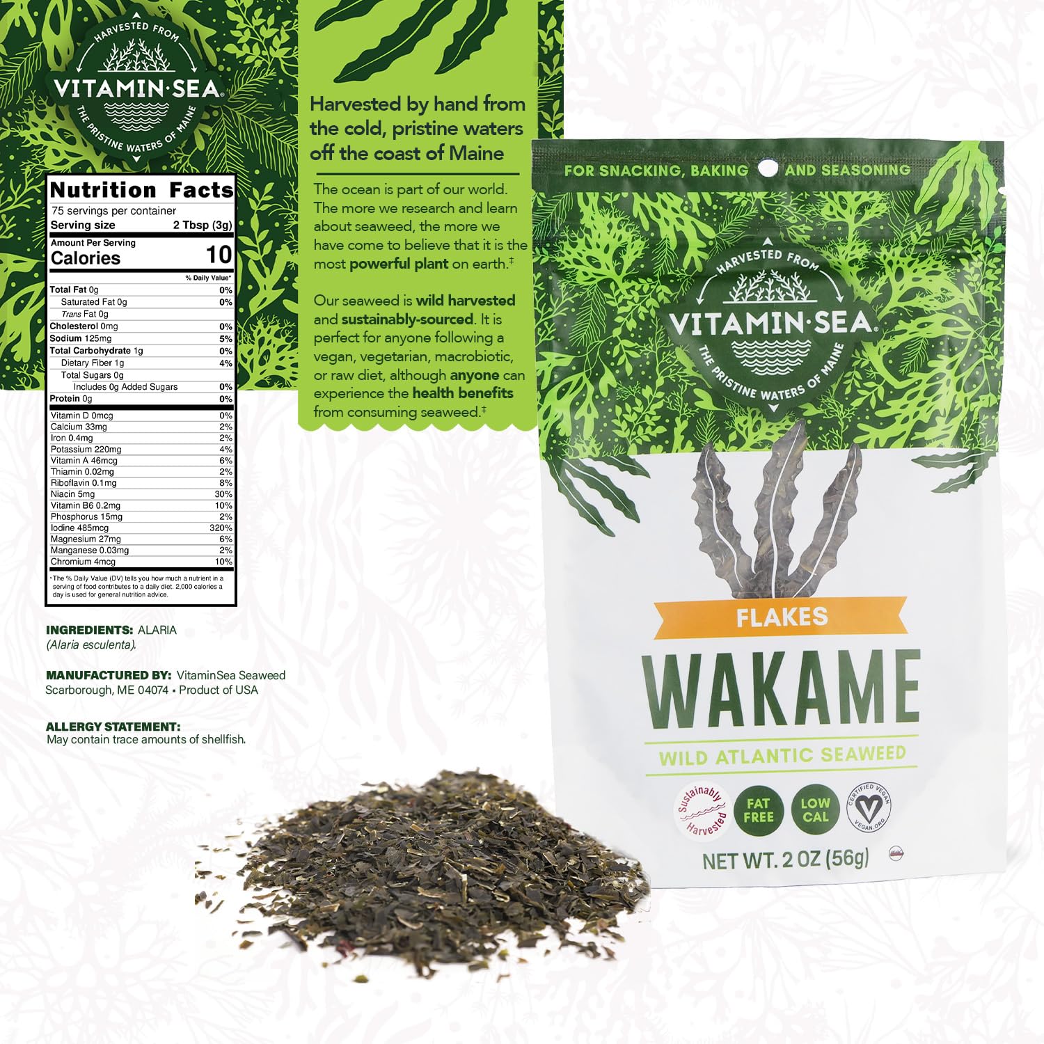 VITAMINSEA Wakame Dried Seaweed | Wild North Atlantic Seaweed for Snacking, Seasoning, Soups & Salads | Rich in Vitamins, Minerals, Aminos & Antioxidants Perfect for Thyroid Support | Flakes (8 oz)