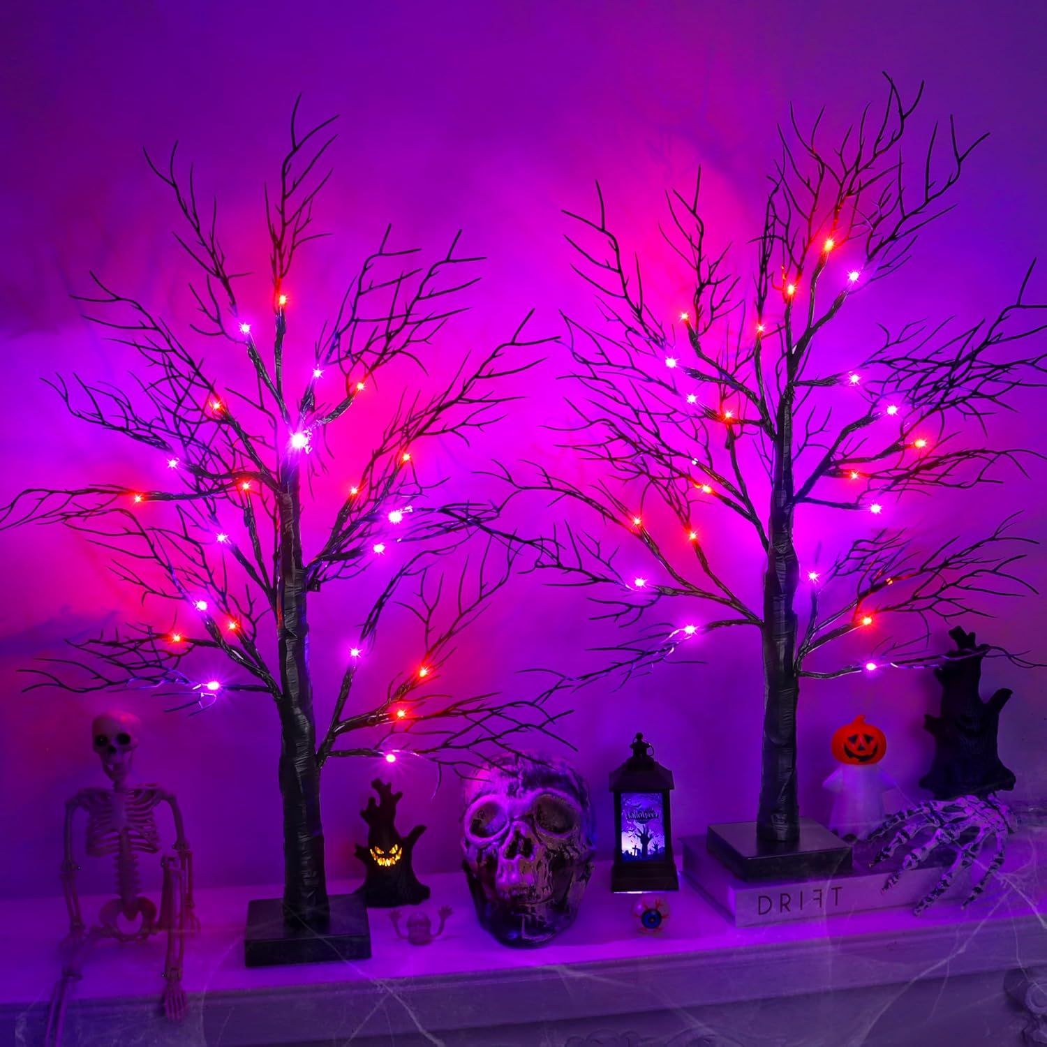 Halloween Decorations Indoor 2 Pack 24 Inch Black Halloween Tree with 48 Orange & Purple Lights, USB or Battery Operated Halloween Table Decorations Lighted Tabletop Spooky Tree Home Decor Office Orange and Purple