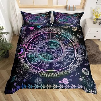 3 Pieces Constellation Duvet Cover for Teens,Sun and Moon Bedding & Linen Boho Exotic Style Black and Purple Bedding Set King Size,Tribal Galaxy Astrology Bedding Decor Ultra Soft
