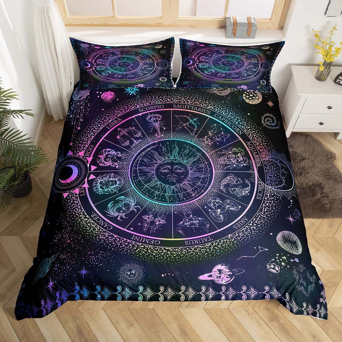 richhome 3 Pieces Constellation Duvet Cover for Teens,Sun and Moon Bedding & Linen Boho Exotic Style Black and Purple Bedding Set King Size,Tribal Galaxy Astrology Bedding Decor Ultra Soft