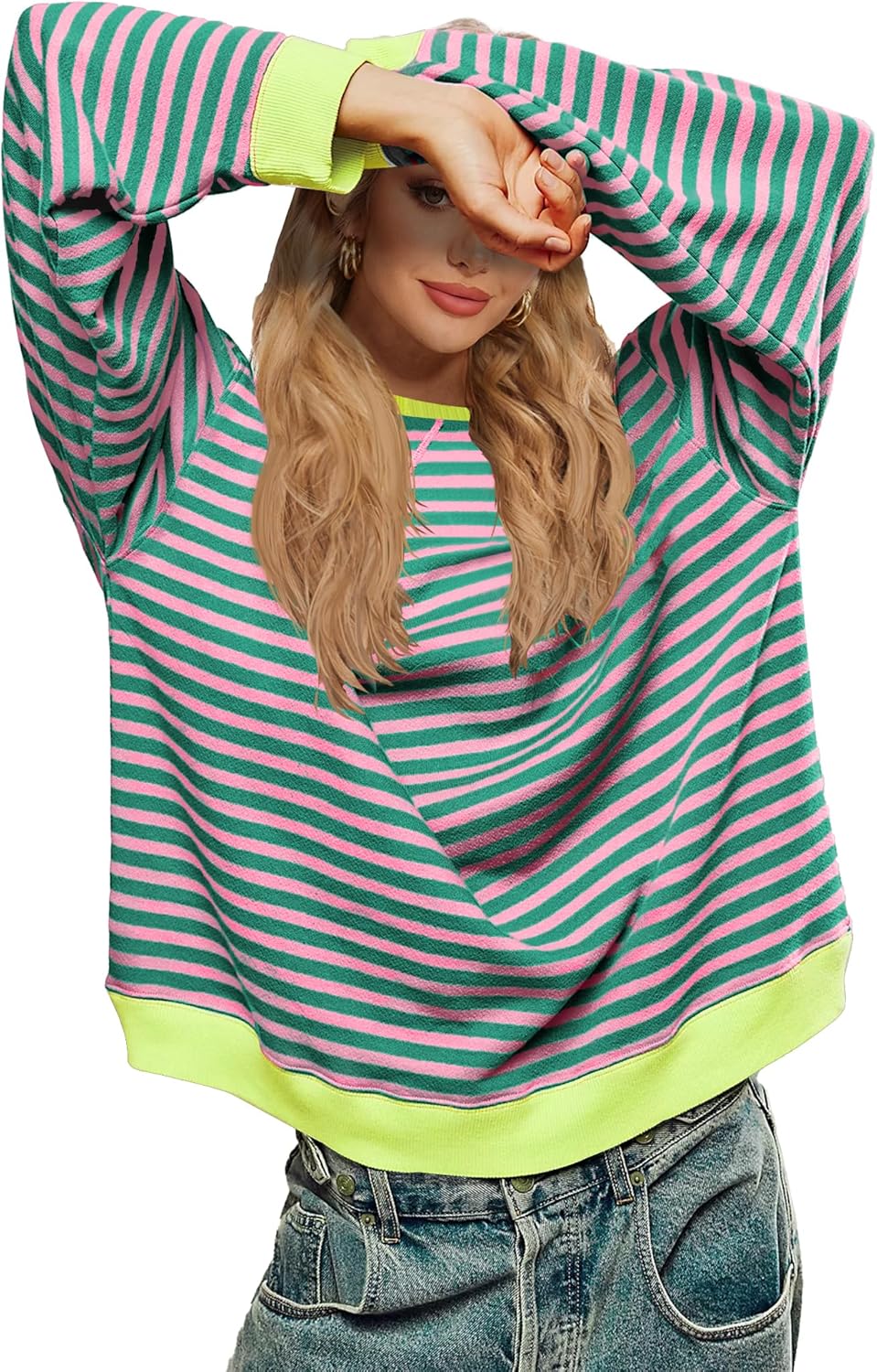 LOZ Women Striped Oversized Sweatshirt Long Sleeve Crewneck Hoodies Shirts Pullover Top Trendy Clothes with Pockets Pink Medium