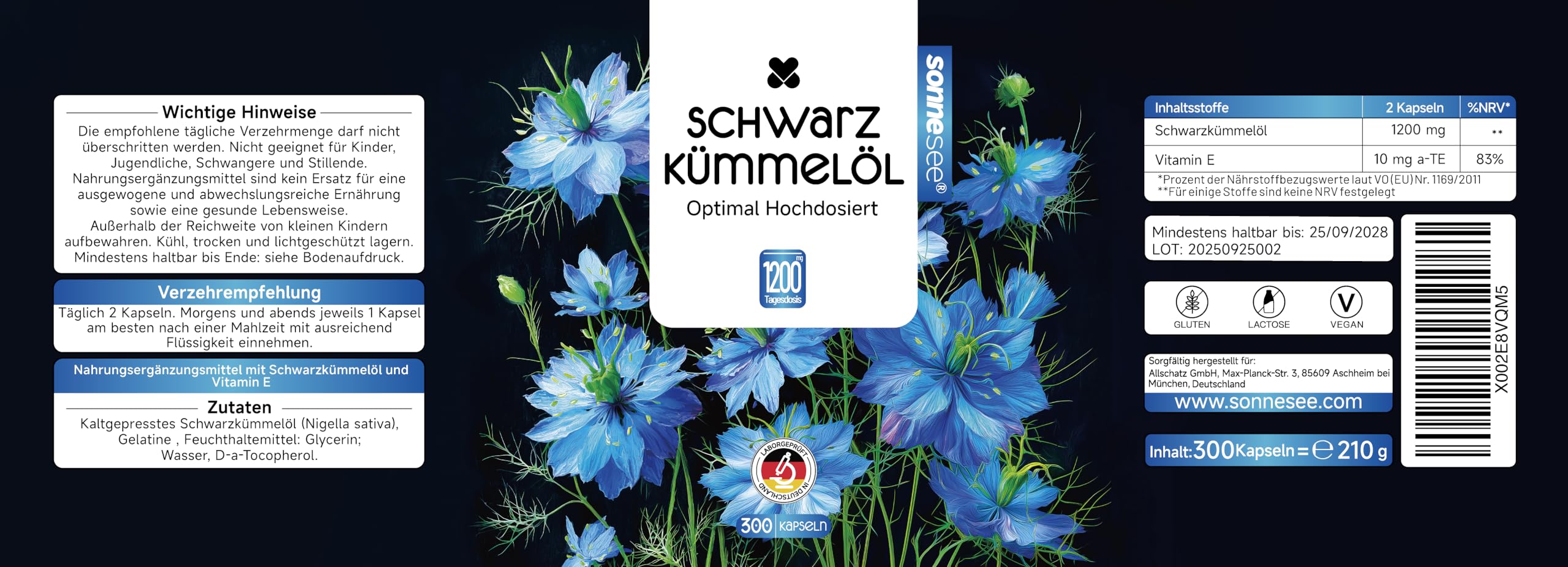 Schwarzkümmelöl 1200 mg hochdosiert – 300 Kapseln – Kaltgepresst & Natürlich – Mit Vitamin E zum Zellschutz – Unterstützung für Immunsystem & allgemeines Wohlbefinden