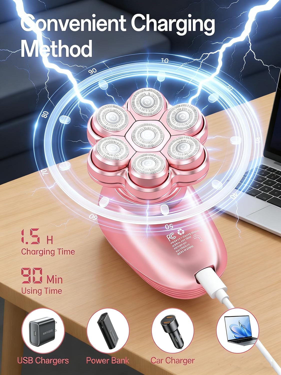 Electric Razors for Women Legs : 5-in-1 Rechargeable Body Shaver, 7D Wet & Dry Bikini Trimmer for for Underarms, Face, Legs, Lips (Pink)