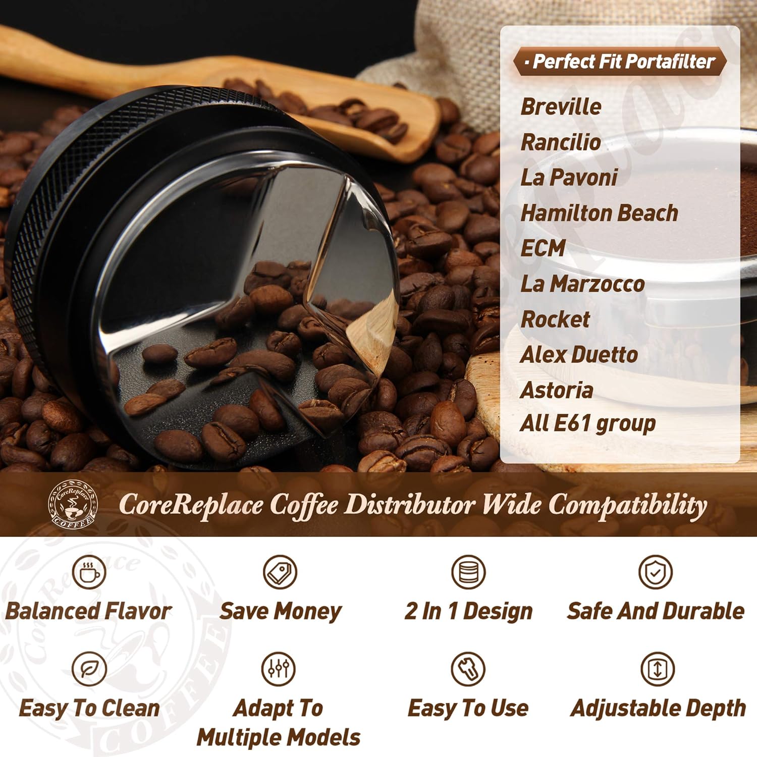 58mm Coffee Distributor and Tamper, CoreReplace Dual Head Coffee Leveler Fits for 58mm Portafilter, Professional Adjustable Depth Espresso Hand Tamper: Home & Kitchen
