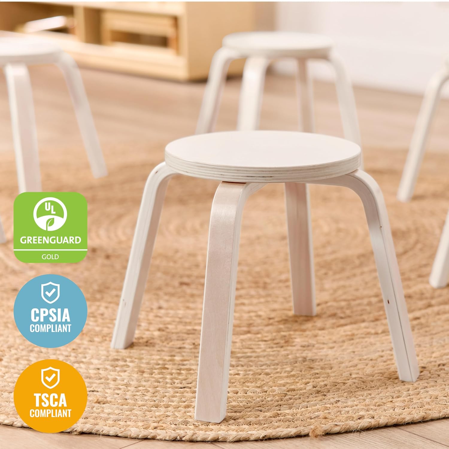 ECR4Kids Bentwood Stackable Stools, 12in Seat Height, Classroom Furniture, White Wash, 6-Piece