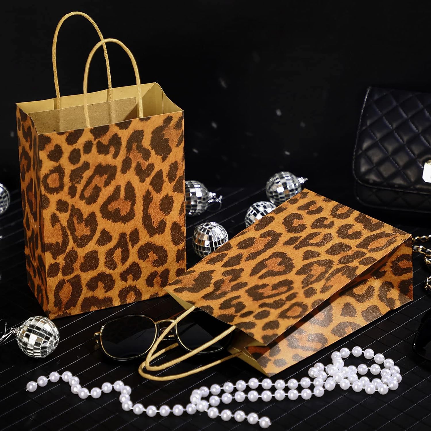Sepamoon 16 Pcs Leopard Print Gift Bags with Black Tissue 8 x 6 x 3 Jungle Safari Party Favor and Handles Cheetah Treat Goodie Animal Print Kraft Paper Bags for Kids Theme Party Decoration Supplies - Image 2