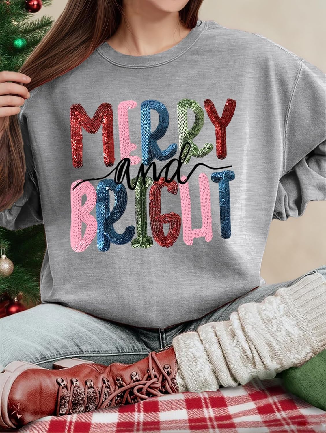 Christmas Sweatshirts for Women Merry and Bright Graphic Long Sleeve Shirt Sequin Xmas Holiday Fall Gifts Tops - Image 2