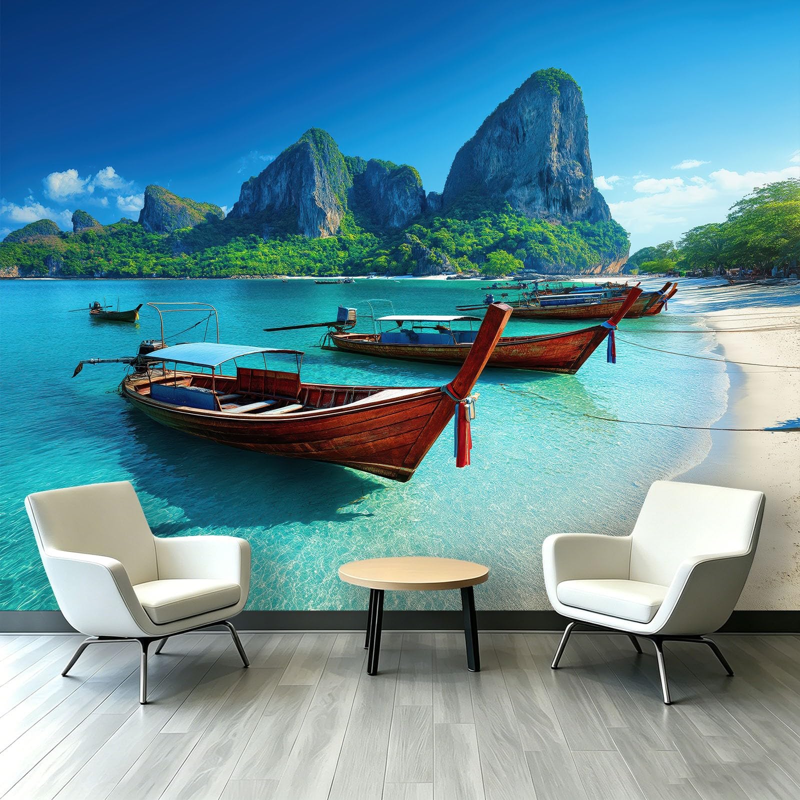 Générique Tapeta z włókniny z naturalnego krajobrazu 250 x 175 cm, tapeta plażowa drewniana łódka panoramiczne zdjęcie, łatwa do zainstalowania dekoracja ścienna do salonu, sypialni, kuchni