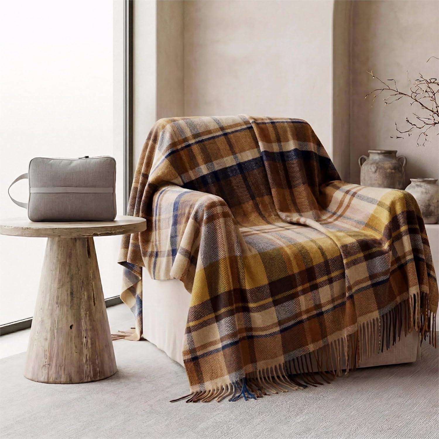 Lightweight Pure Wool Plaid Throw Blanket for Couch with Fringe, 55"x83" Compact with Bag, Versatile Decorative Warm Blanket for Living Room Bedroom, Travel, Camping, Cozy Gift for Women Men