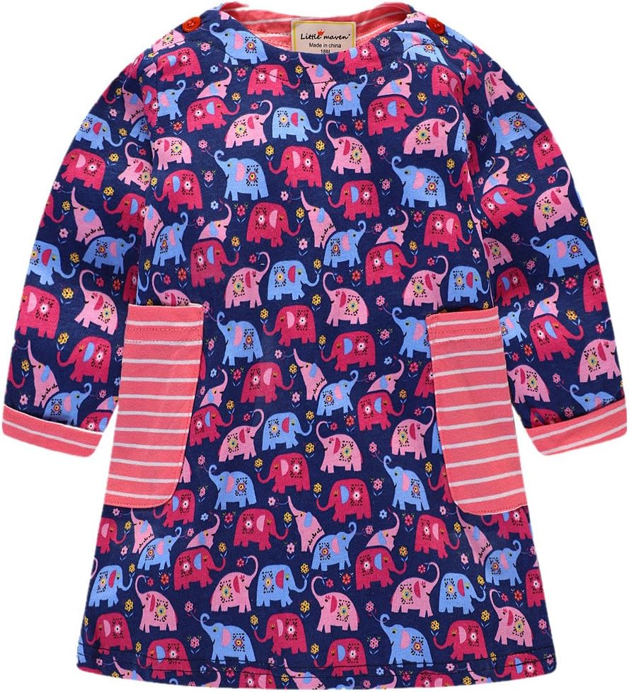 Little Maven Baby Girl Autumn Long Sleeve Cartoon Elephant One-piece Dress 5T