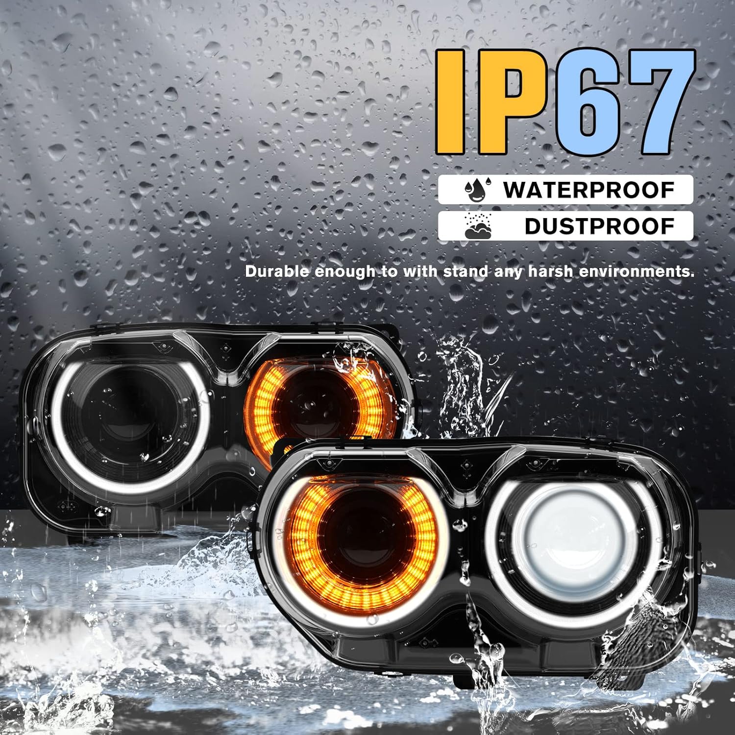 LED Headlight with Amber Turn Signal Light, Headlight Assembly Compatible with Dodge Challenger 2015 2016 2017 2018 2019 2020 (NOT Compatible with Factory HID Headlight)