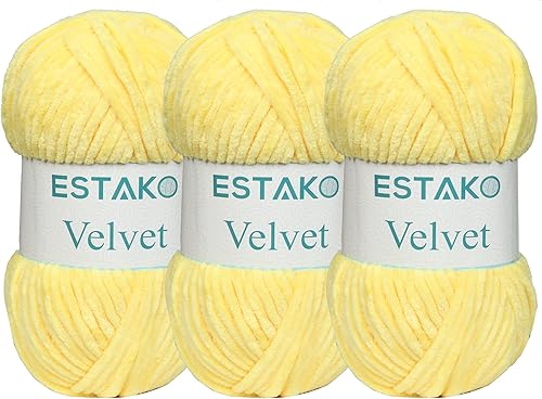 Estako Velvet - Manta de felpilla amigurumi para tejer y tejer, súper voluminosa, 3 x 3.53 oz (3 x 132 yardas) (1850 - amarillo) disponible en Yaxa Costa Rica