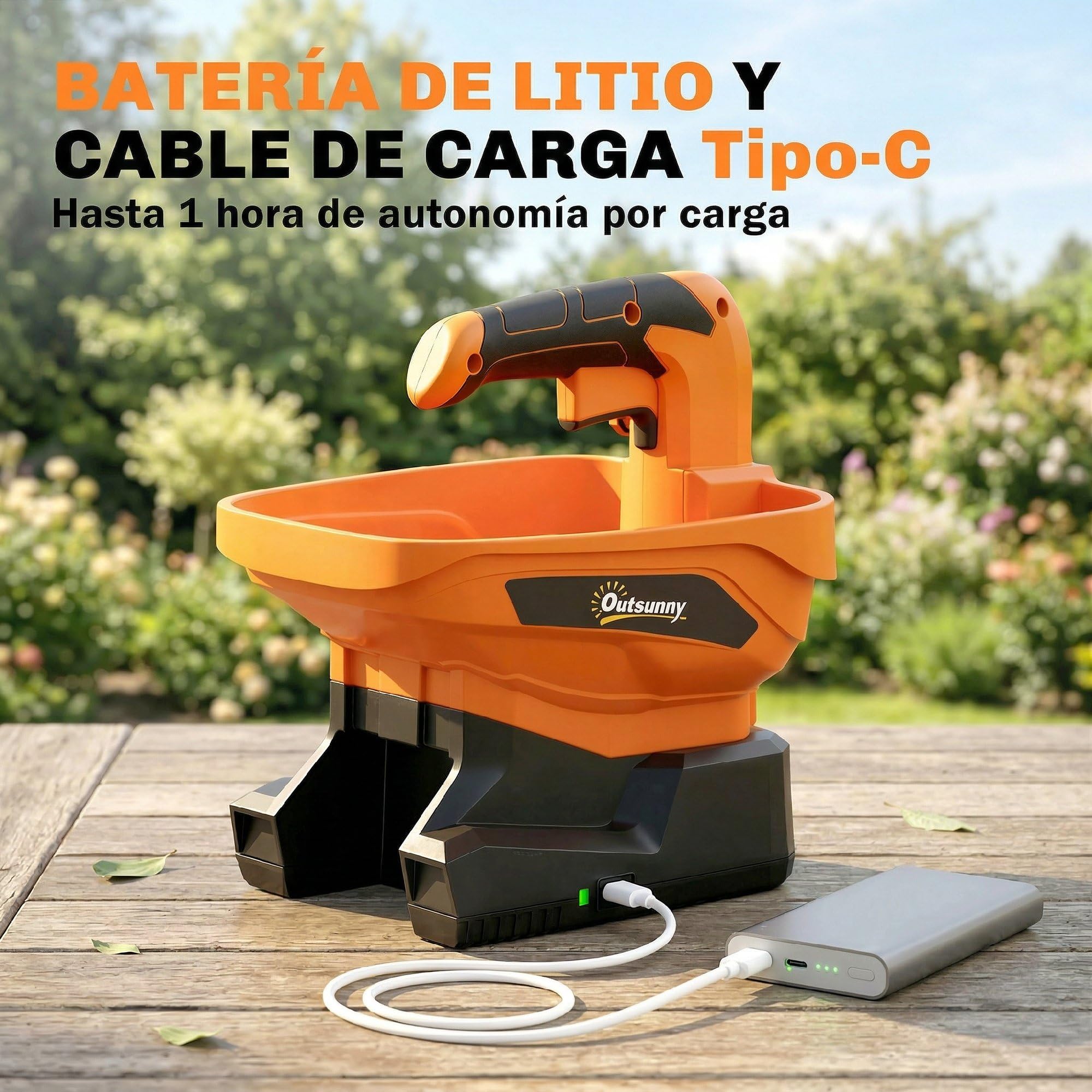 Outsunny Esparcidor Portátil 3,3 L, 8 Niveles de Flujo, Ancho de Proyección Regulable 3 Niveles, Puerto USB, Esparcidor de Semillas para Césped, Sal, Gravilla hasta 800 m², Naranja