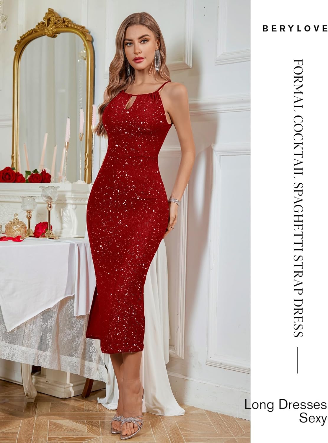 BeryLove Sequin Homecoming Cocktail Formal Spaghetti Strap Dresses Wedding Guest Glitter Sparkly Party Prom Dress - Image 5