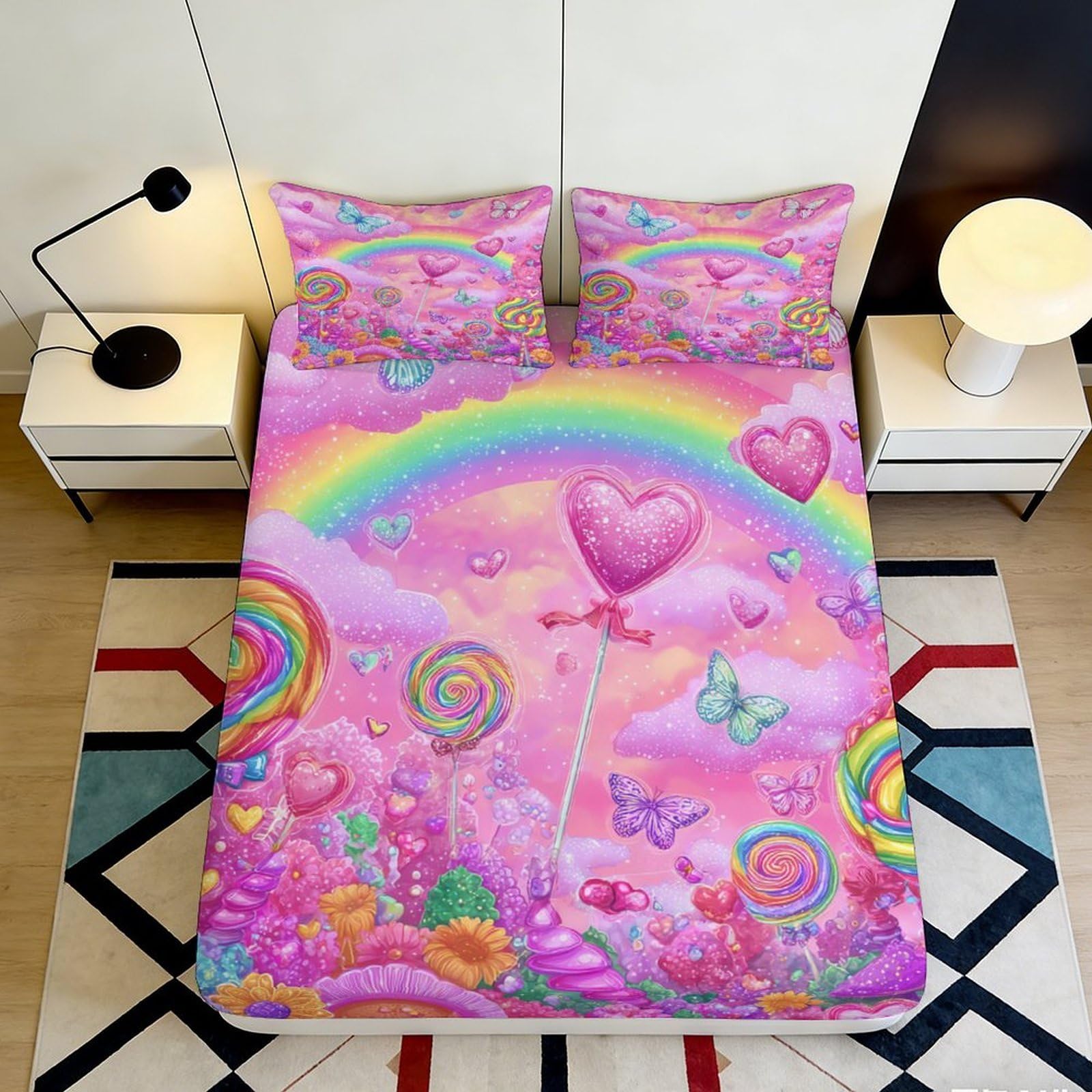 3D Printed Candy Rainbow Fitted Sheet Microfiber Pink Heart Butterfly Mattress Cover for Bedroom Dorm Decor 160x200x25cm