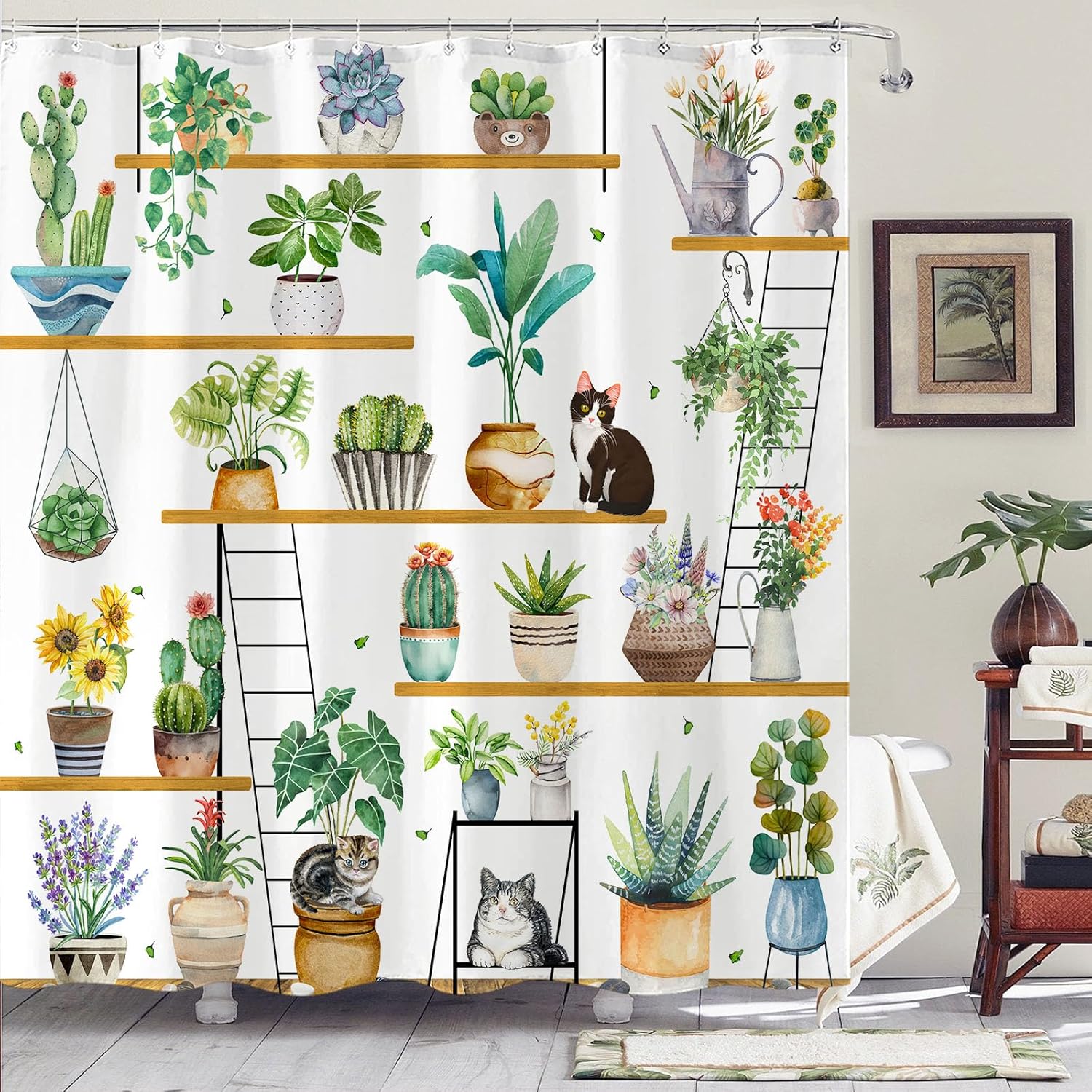 Green Potted Plant Shower Curtain for Bathroom House Plants Flower Funny Cat Shower Curtains Tropical Cactus Leaf Succulent Floral Extra Large Waterproof Fabric Bath Curtain Decor 72x84 Inch