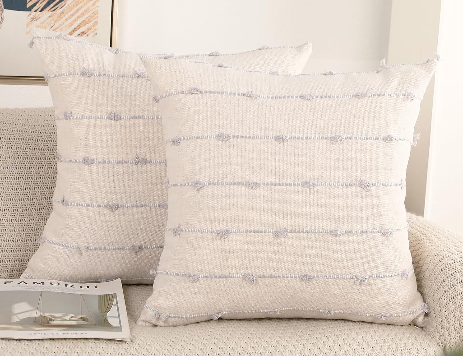 NUYECY Set of 2 Boho Throw Pillow Covers 22x22,Light Blue and White Neutral Couch Pillow Case with Tassel Fringe Decorative,Modern Accent Farmhouse Cushion Covers for Sofa Couch Bed Living Room