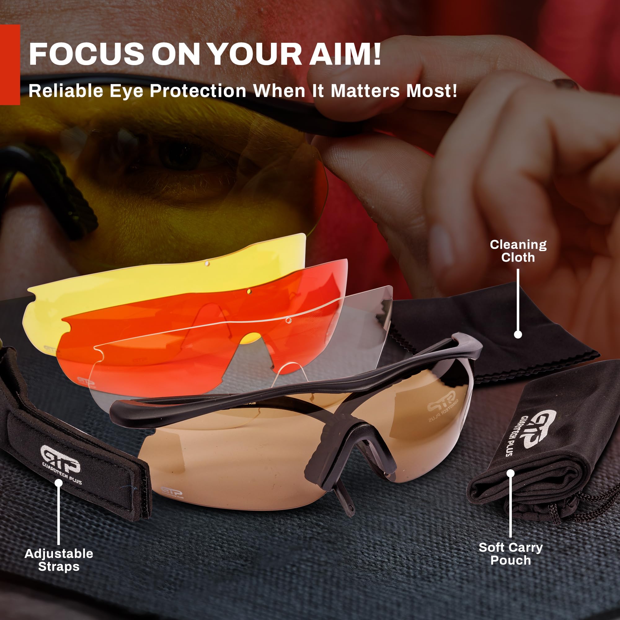 GuardTech Plus Okulary strzeleckie: ochrona oczu z przeciwmgielną, Z87.1, odporne na zarysowania, 100% ochrona UV, regulowane okulary ochronne