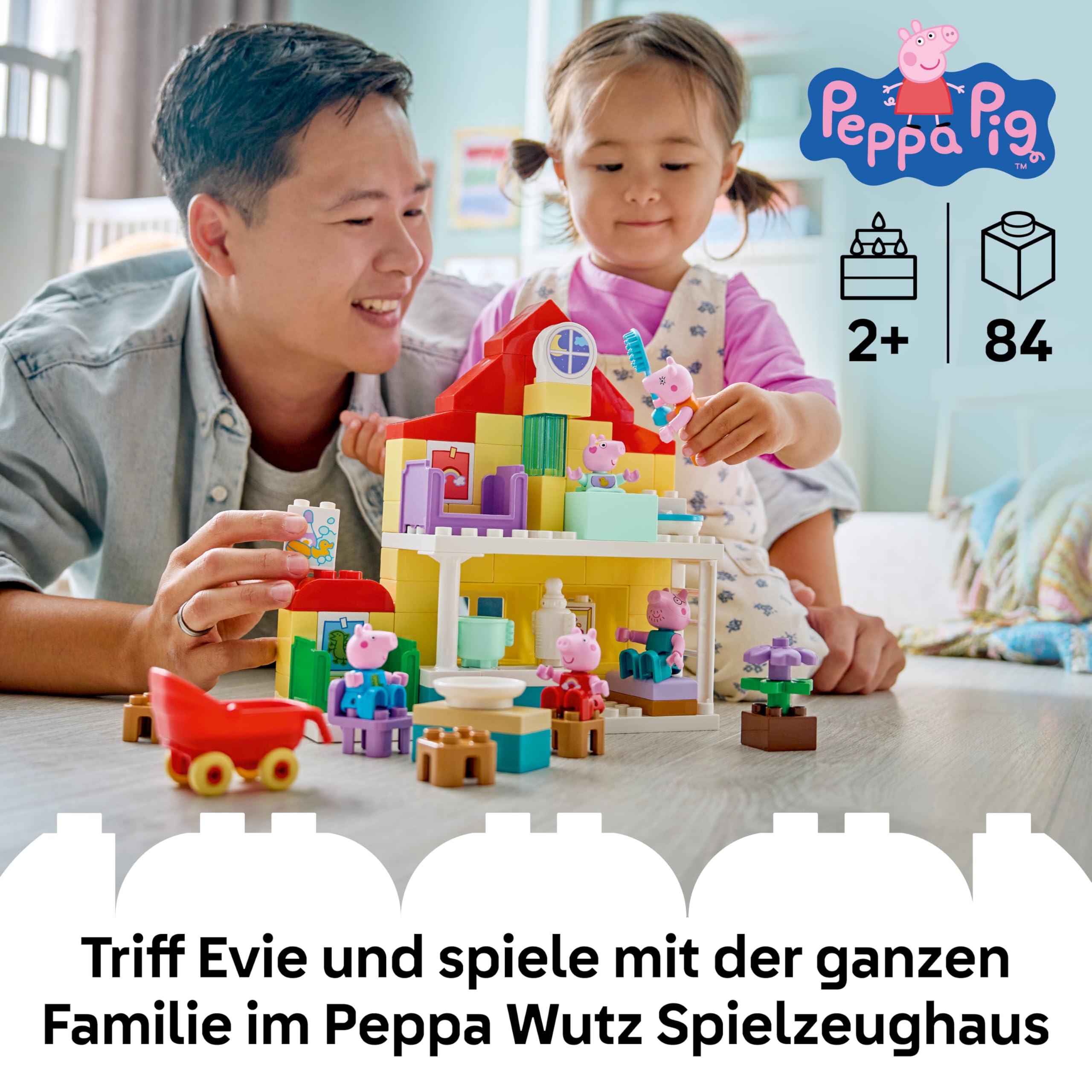 LEGO DUPLO Peppa Wutz Familienhaus - Lernspielzeug zur Förderung der Motorik - Montessori Spielzeug mit 5 Figuren & Puppenhaus Zubehör - Geschenk für Mädchen & Jungen ab 2 Jahren - 10467
