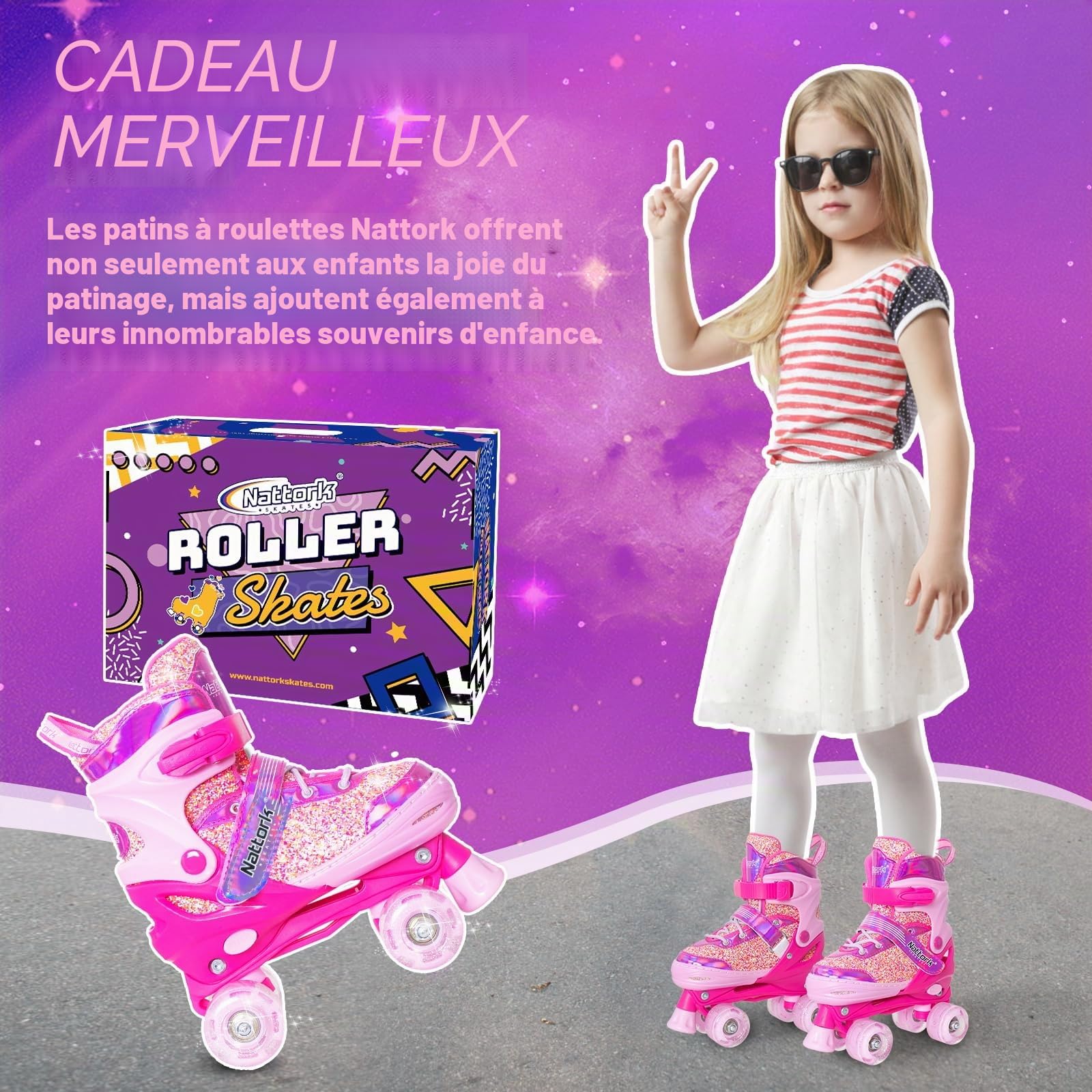 Nattork Patins à roulettes réglables pour enfants, 4 tailles réglables, pour filles, garçons, débutants, intérieur et extérieur