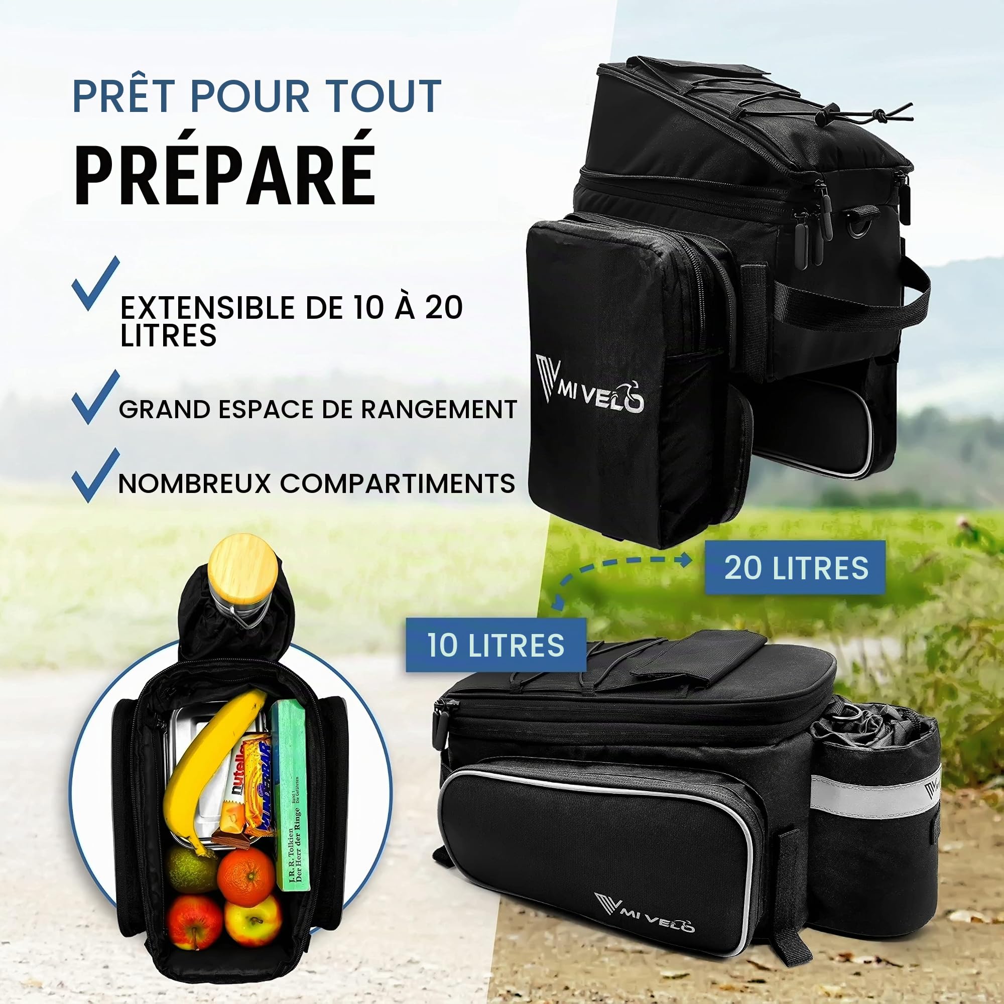 MIVELO - Sacoche de vélo pour Porte-Bagages - Sacoche pour Porte-Bagages - Extensible jusqu'à 20 l - Imperméable - 20 l - Noir