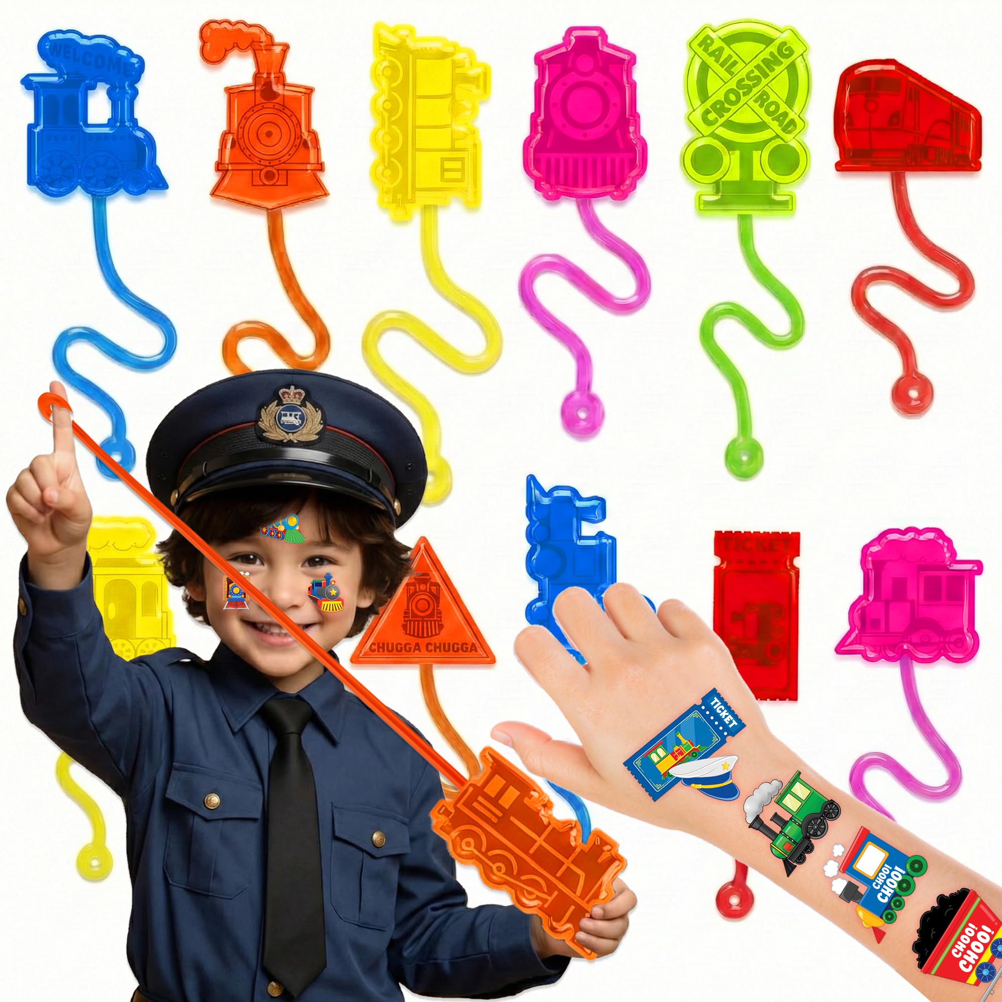 48 PCS Train Party Favors for Kids - 24 Temporary Tattoos & 24 Stick Hands