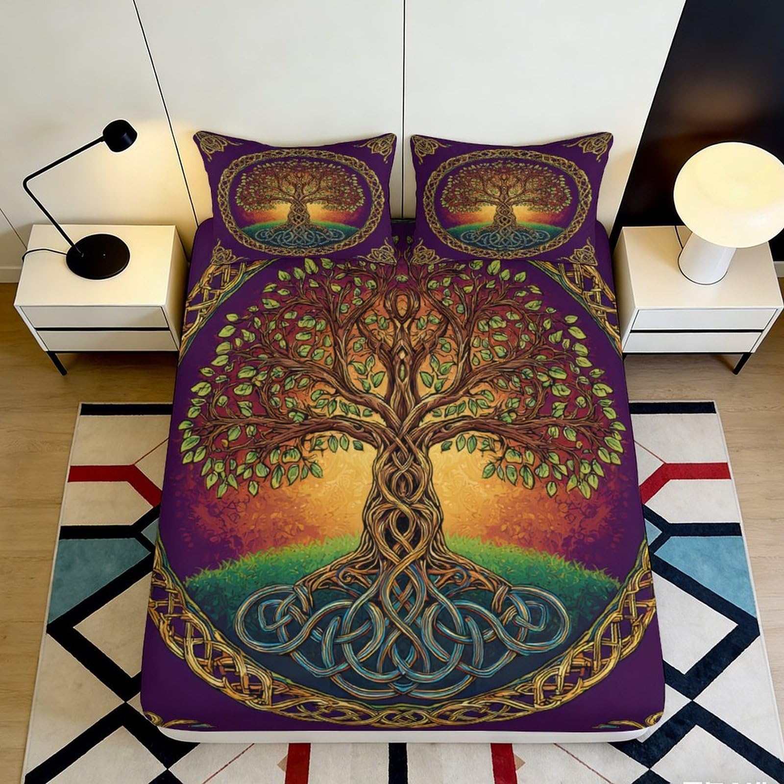 3D Printed Celtic Tree of Life Fitted Sheet Microfiber Purple Artistic Bed Cover for Bedroom Guest Room Decor 90x200x25cm