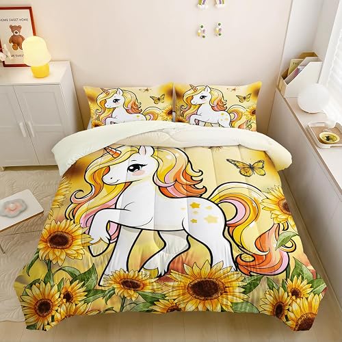 QOOMO Unicorn Full Bedding Sets for Kids Sunflower Comforter Set Butterfly 3D Qu