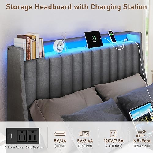 Miniatura 4 de SADENICEL Base de cama de tamaño matrimonial con cabecero y 2 cajones de almacenamiento, plataforma de metal con luz LED, estación de carga, no