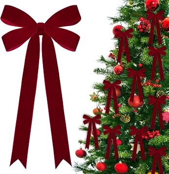 16Pcs 5.1in x 12in Burgundy Velvet Bows for Christmas Tree Decorations, Christmas Ribbon Bows Vintage Xmas Decor for Tree Home Party Front Door Wreath Indoor Outdoor Holiday Decor