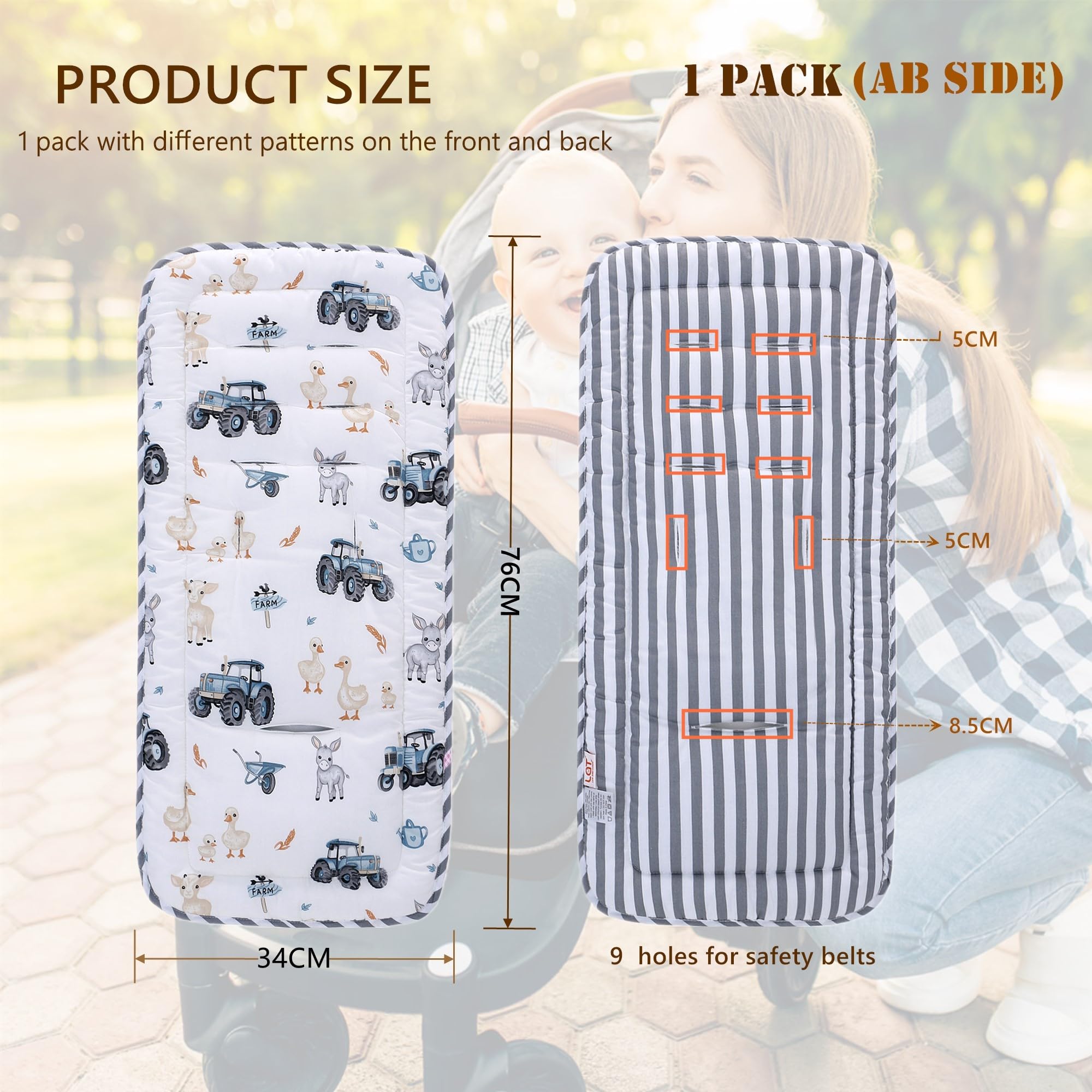 Baby Pushchair Seat Liners,Pram Liner Universal Fit for Most Pushchairs,100% Cotton Double-Sided Baby Stroller Cushion Pad,Stroller Seat Cover for Toddler Infant 1 Pack,78x34cm(Truck+Gray Stripes) - Image 2