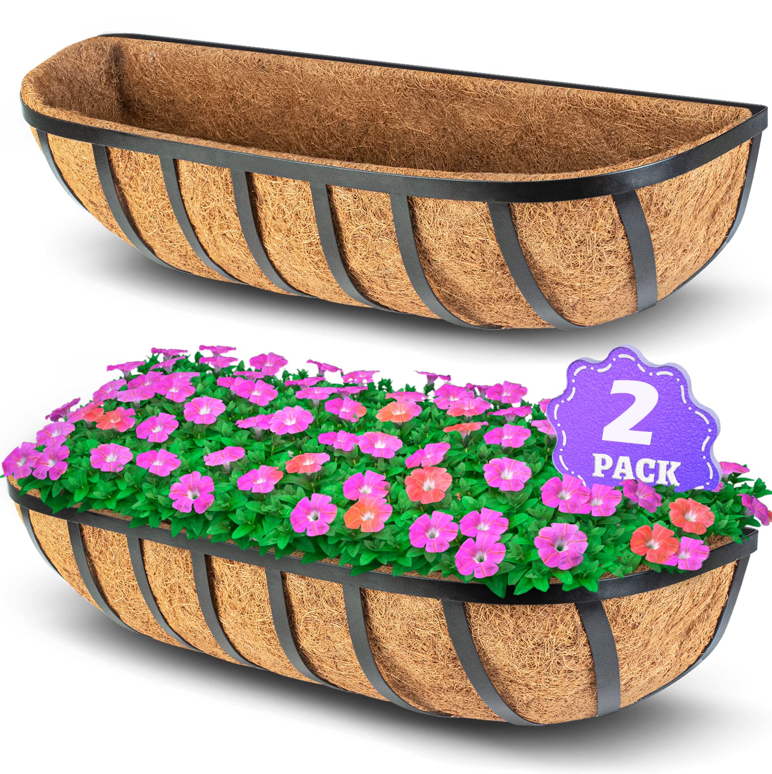 30’’ Window Box Railing Planter with Coco Liner (2 Pack), Balcony Metal ...