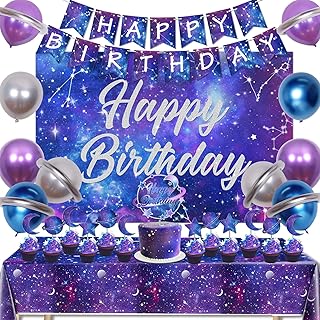 Kreatwow Galaxy Birthday Party Decorations Galaxy Happy Birthday Backdrop Galaxy Tablecloth Happy Birthday Banner Cake Toppers for Starry Sky Space Themed Birthday Outer Space Themed Birthday Party