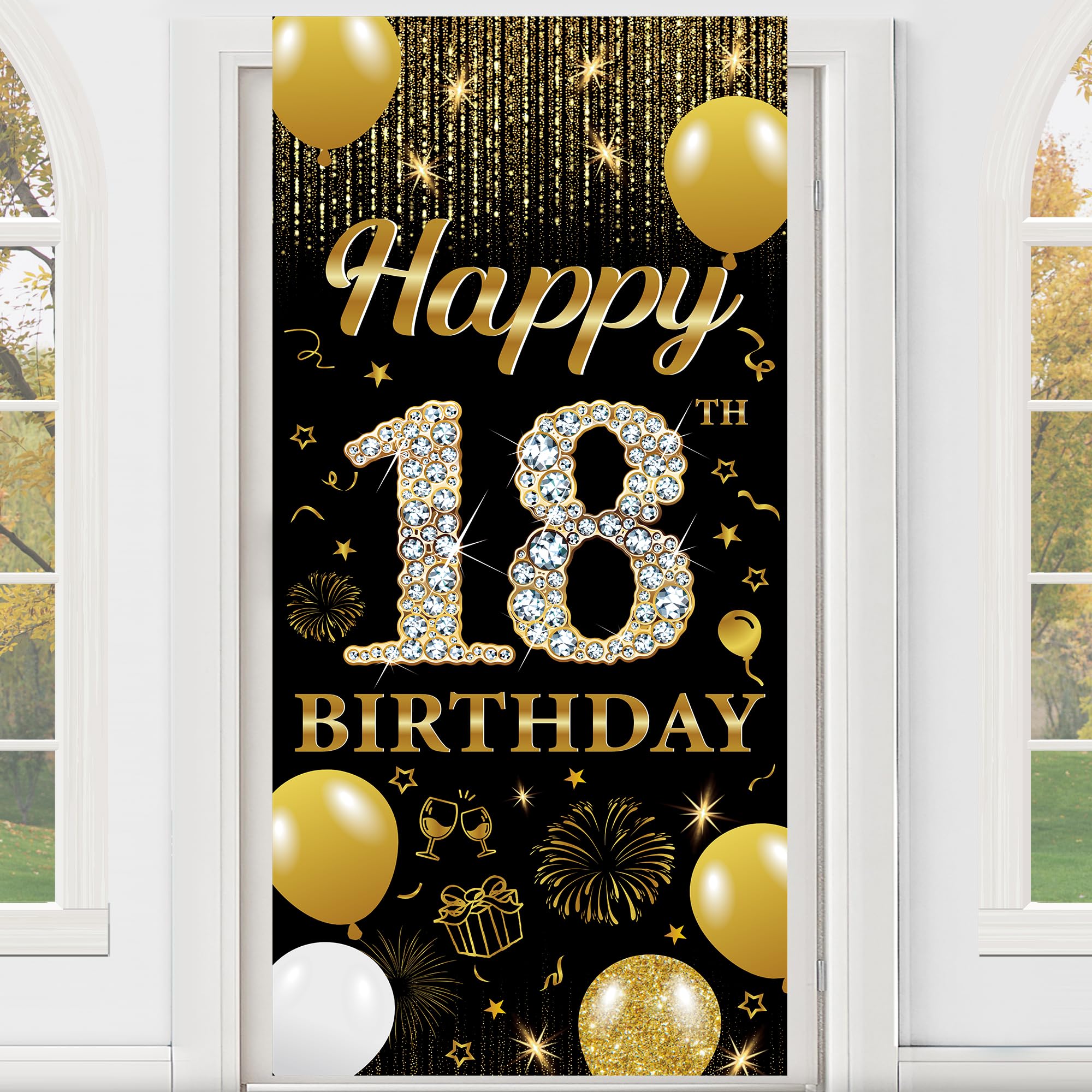 18th Birthday Decorations Door Banner - Black Gold Happy 18th Birthday Backdrop Banners Large Size Door Porch Sign Background for 18 Years Old Boys Girls Party Decor Supplies(185X90cm)