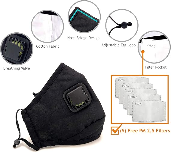 Premium Cotton Reusable Washable Face Mask with Breathing Valve & Filter Pocket (Included 5 FREE Filters) (Black, 3 Pieces)