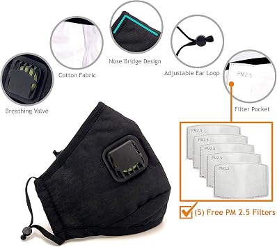 Premium Cotton Reusable Washable Face Mask with Breathing Valve & Filter Pocket (Included 5 FREE Filters) (Black, 3 Pieces)