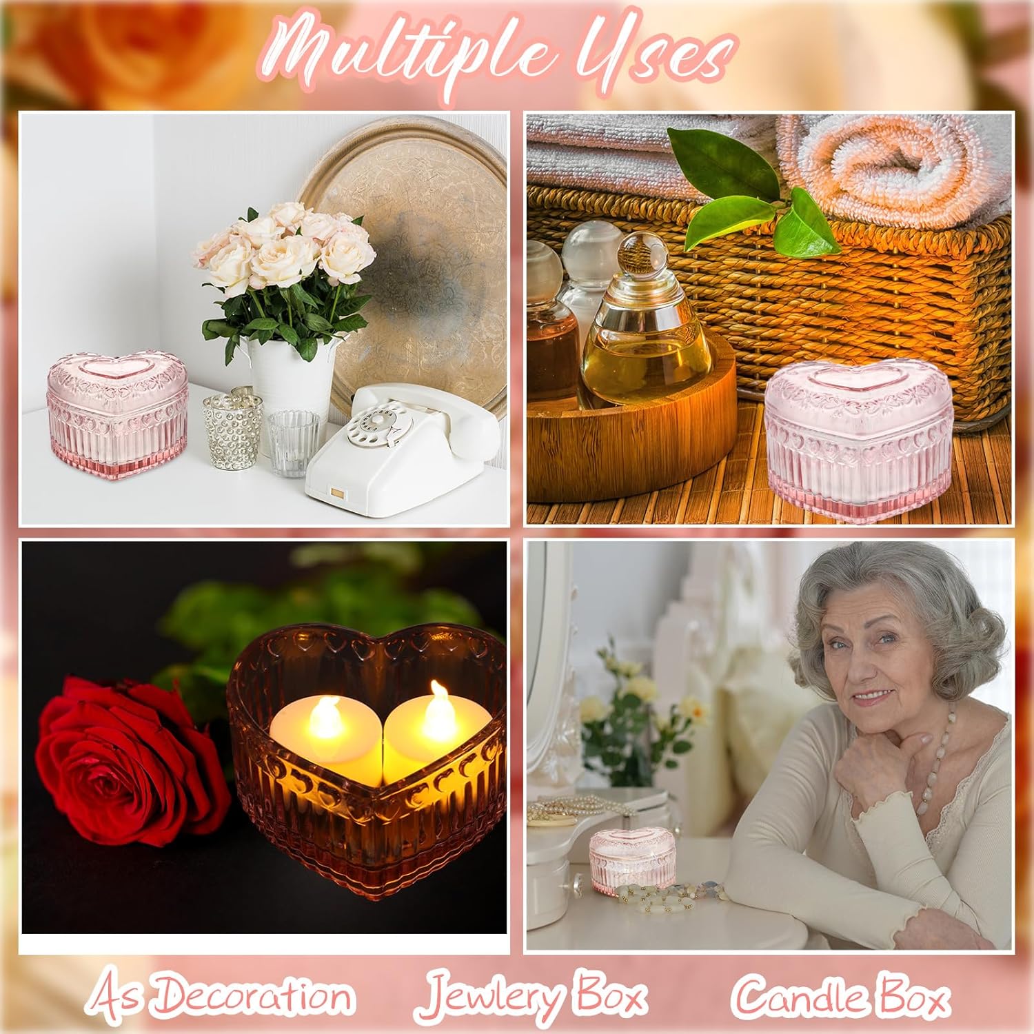 Ferreve 12 Pcs Crystal Glass Heart Shaped Storage Box Glass Jewelry Box Embossed Vintage Jewelry Box for Ring Earring Trinkets Women Gift, 3.74''L x 3.54''W x 2.36''H (Pink)