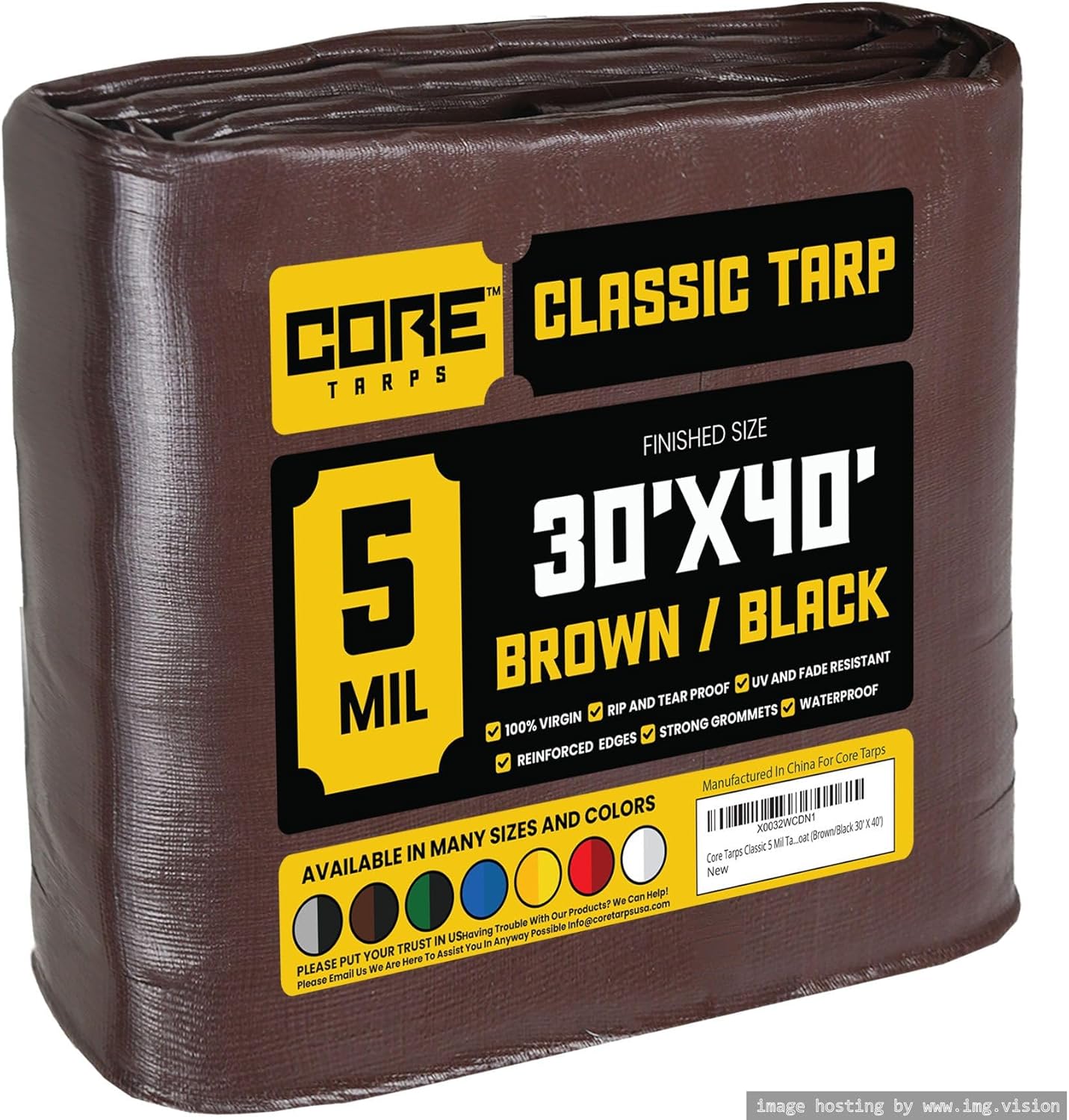 Core Tarps Classic 5 Mil Tarp Cover, Waterproof, UV Resistant, Rip and Tear Proof, Poly Tarpaulin with Reinforced Edges for Roof, Camping, Patio, Pool Cover, Boat (Brown/Black 30 X 40)
