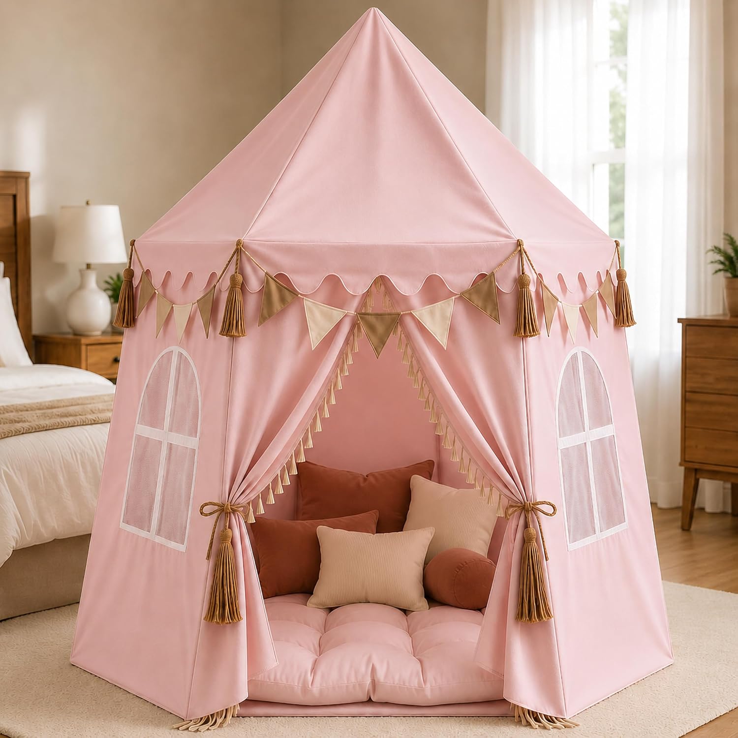 Extra Large Boho Kids Play Tent, 59" x 53" (DxH) | Star lights, bunting flags & tassels,Machine washable,Birthday gift for boys & girls,Indoor & outdoor playhouse