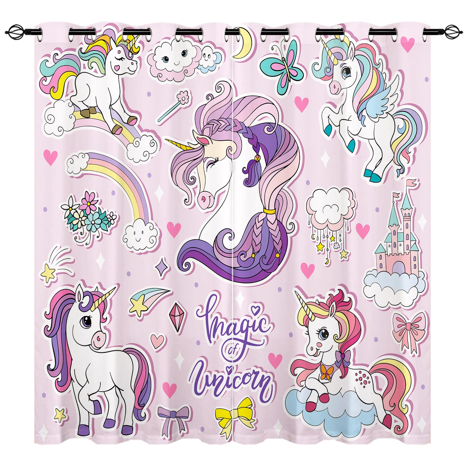 YUANZU Einhorn Vorhänge Kinder Regenbogen Tier Druck Ösen Gardinen mit Blickdichte Vorhang Kälteschutz Blackout Curtain Mädchenzimmer Schlafzimmer Verdunkelung Fenster, 2 Stück, H 245 x B 140 cm