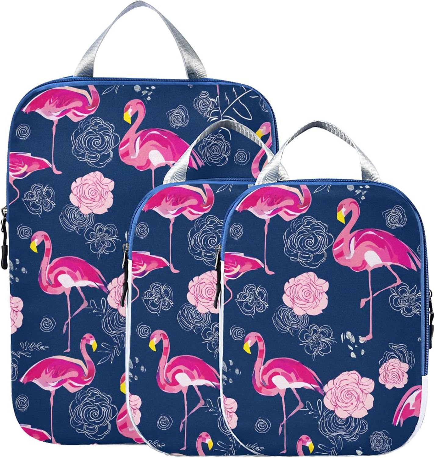 MNSRUU Compression Packing Cubes for Suitcases 3 Set, Flowers Flamingo Travel Luggage Organiser Portable Toiletry Storage Bags for Clothes Shoes Home Storage