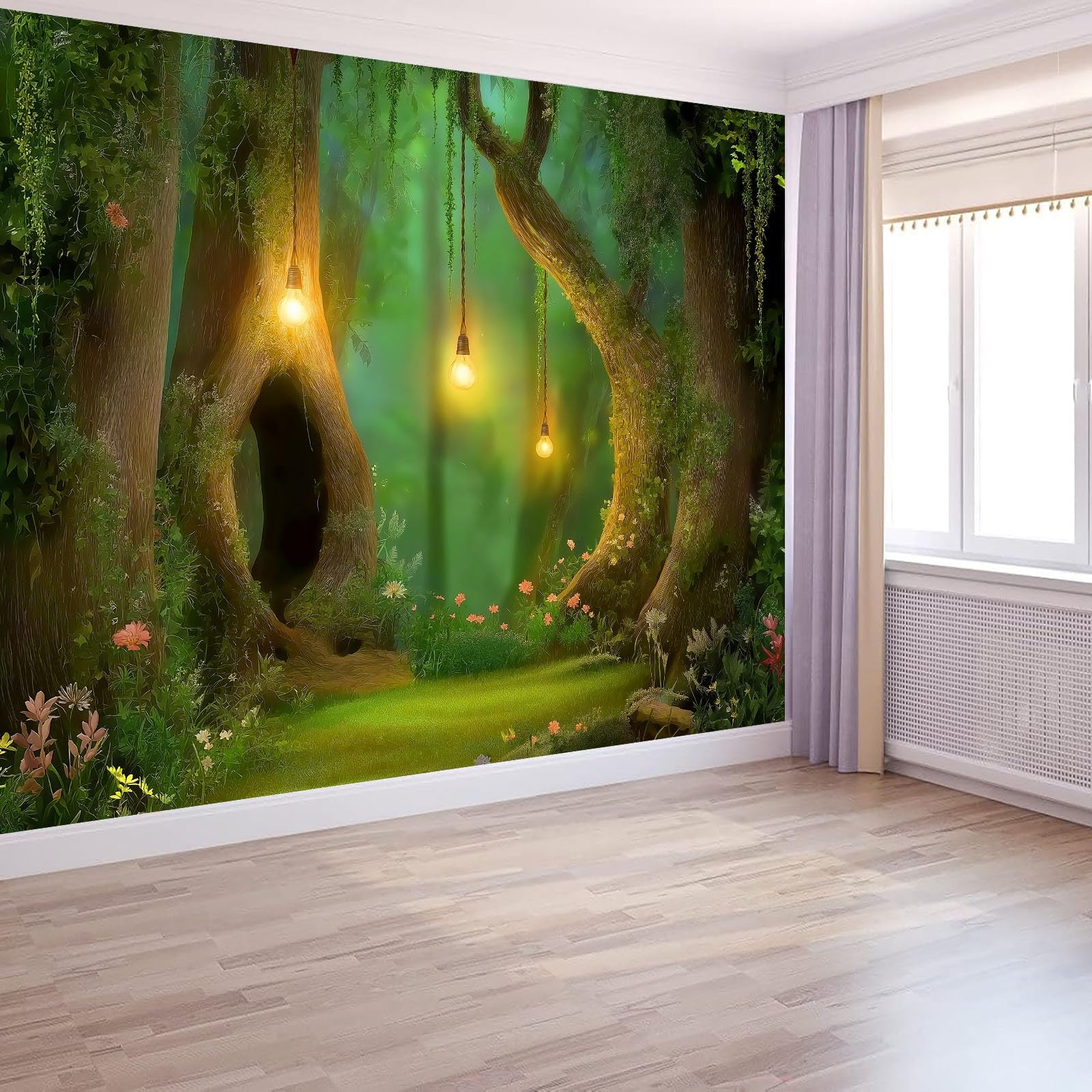 Zielona panoramiczna tapeta fantasy las, kwiaty łąki tapeta ścienna z włókniny 400 x 280 cm 3D gobelin obraz do pokoju dziecięcego dekoracja ścienna - plakat obrazy ścienne