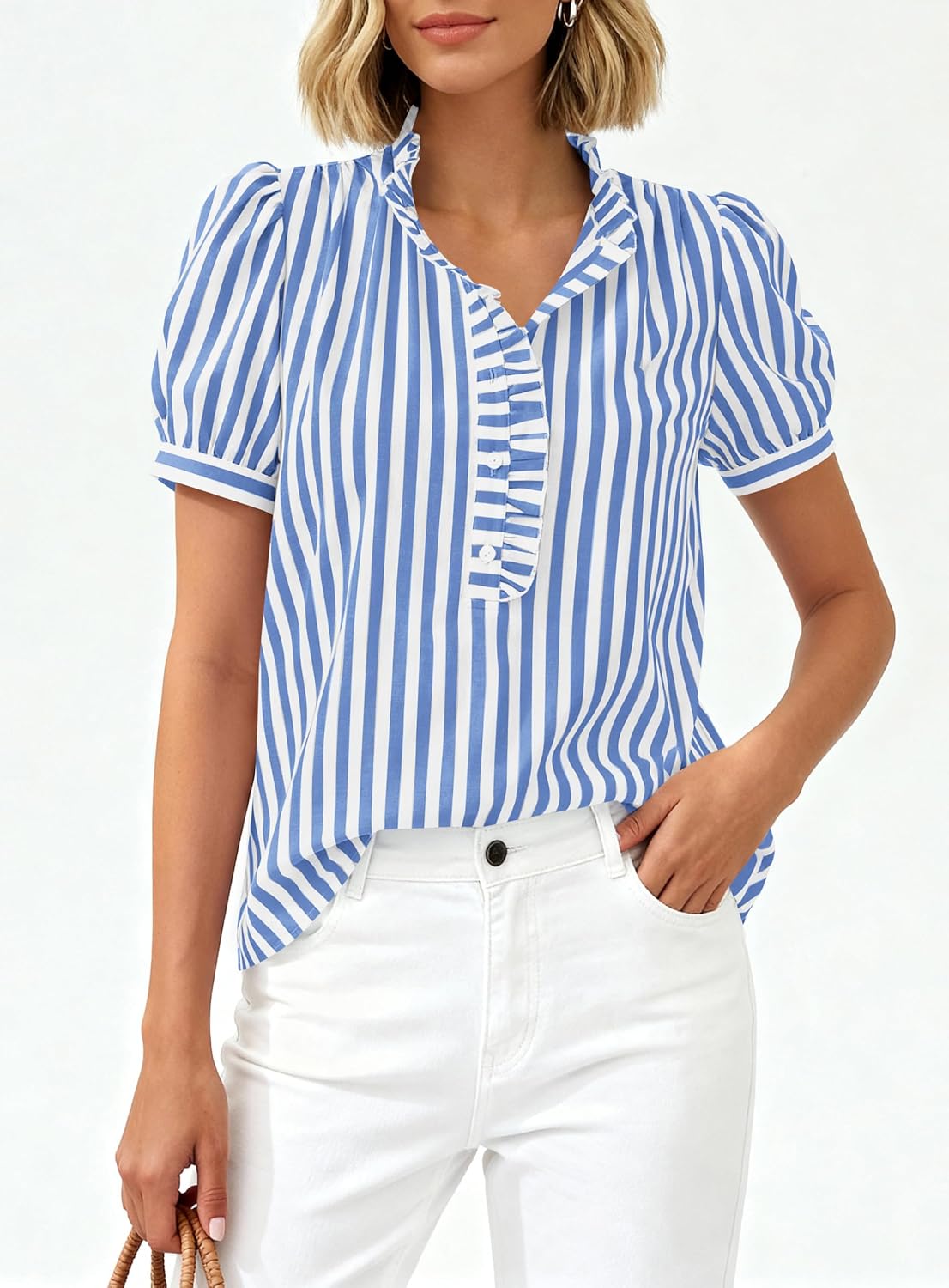 MASCOMODA Womens Puff Short Sleeve Summer Tops Striped Plaid Ruffle V Neck Button Down Shirts Business Casual Work Blouses