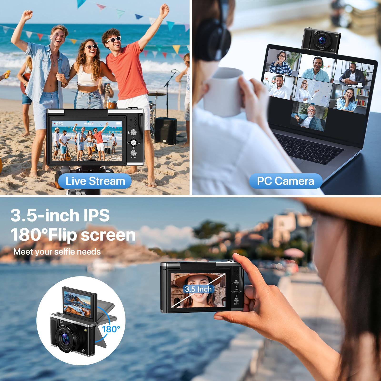 Cámara Digital 8K 96MP con WiFi, Zoom Digital 20X, Cámara de Fotos con Enfoque Automático y Estabilización Anti-Shake, Pantalla Abatible de 3,5" 180°, Tarjeta SD de 32GB y 2 Baterías