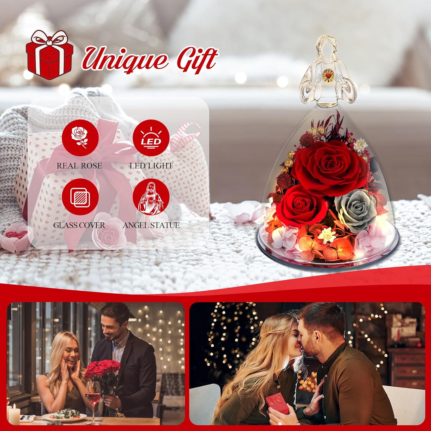 Gifts for Mom Preserved Rose Birthday Gift Women Forever Flower in Glass with Sacred Heart Figurine,Mother's Day for Grandma,Wife,Girlfriend,Home Decor,Women,Eternal Colorful Roses