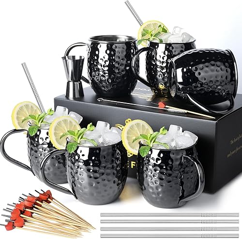 Vista 14 de LINALL Moscow Mule - Juego de 6 tazas de acero inoxidable de 18 onzas chapadas en color negro plomizo (6 unidades)