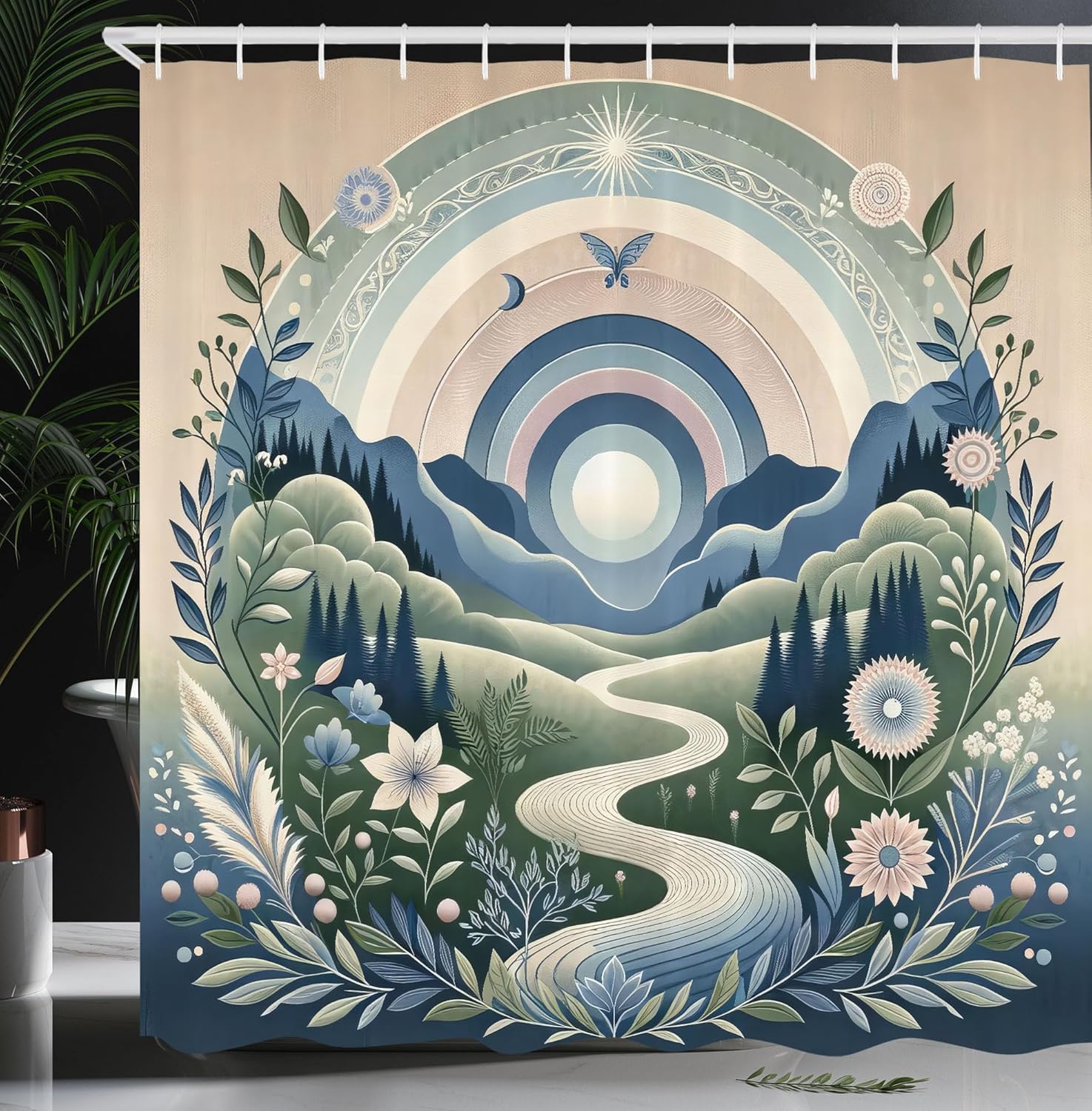 Ambesonne Boho Nature Shower Curtain, Abstract Cold Pastel Colored Print of Path to Mountains Flowers, Cloth Fabric Bathroom Decor Set with Hooks, 69" W x 84" L, Slate Blue Reseda Green
