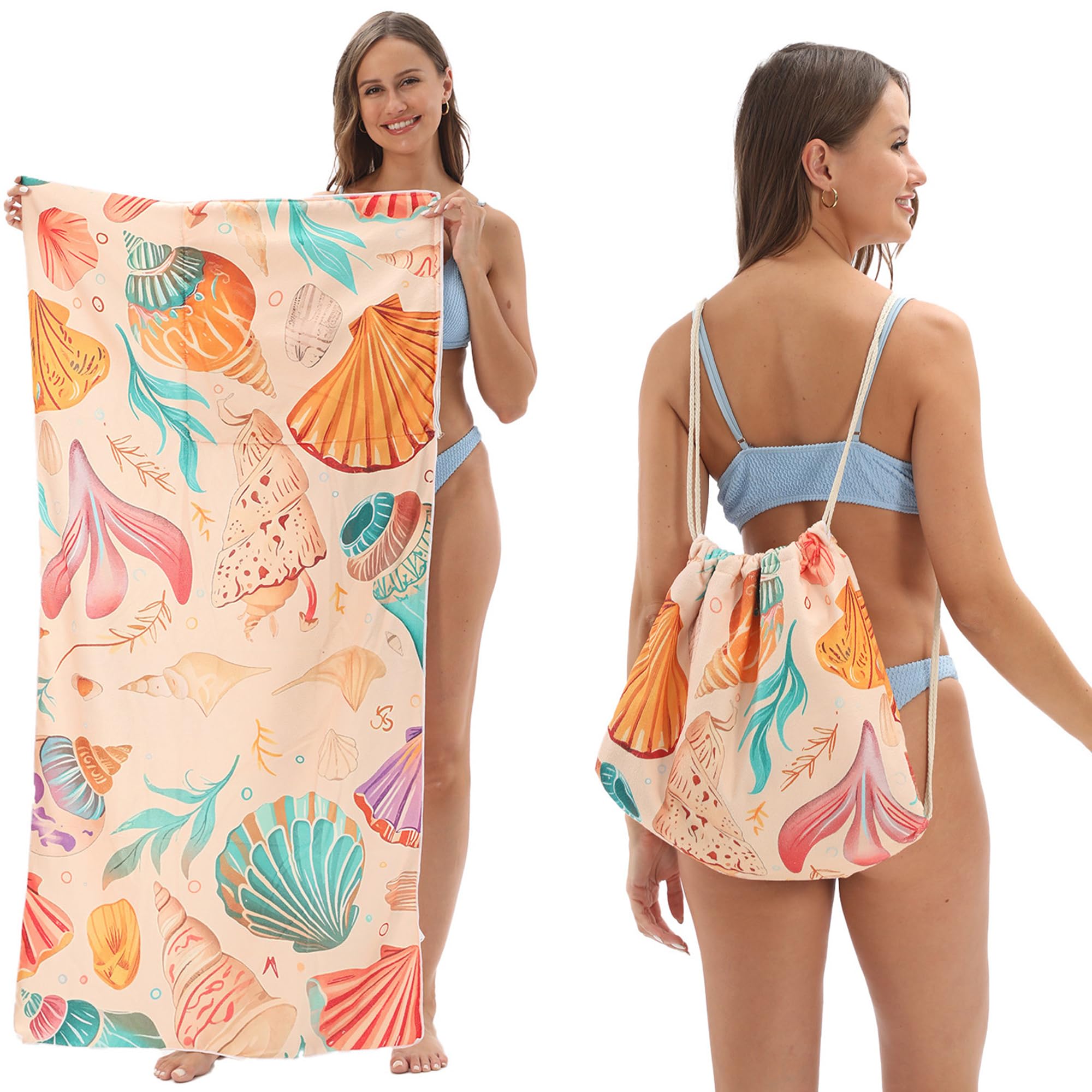Senshuomy 2-in-1 Beach Towel Bag, Convertible Drawstring Beach Towel Backpack, Sand Free Quick Dry Microfiber Beach Towel for Adults, 80x160cm Lightweight for Beach, Pool, Travel, Holidays (Style-4)