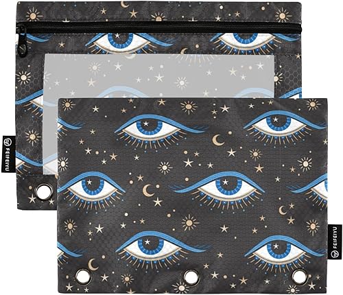 Gredecor Paquete de 2 carpetas para lápices, 3 anillos, con cremallera de ojo malvado, bolsas de cosméticos con organizador de ventana transparente